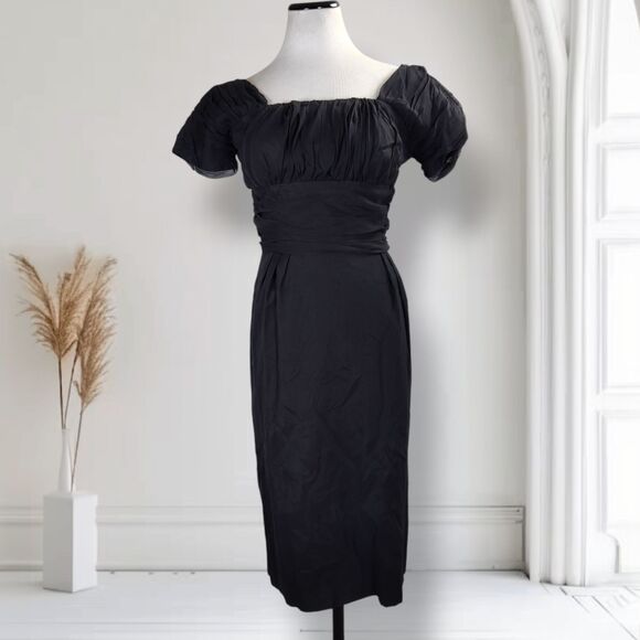 Vintage 50s Silk Midi Cocktail Dress Size 4 Black Ruched Empire Waist Bombshell - Picture 1 of 16